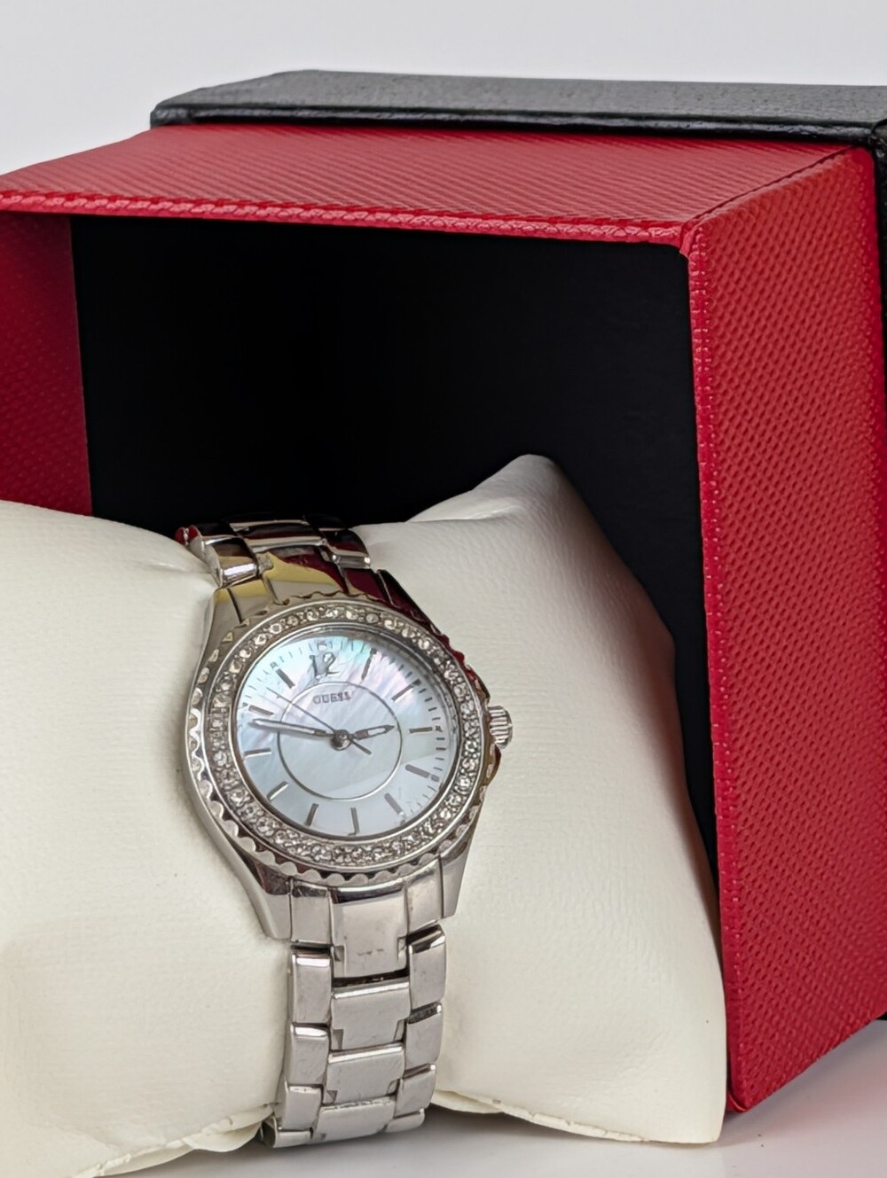 Vintage GUESS Silver Tone Crystal Rhinestone Bezel Mother of Pearl Dial Watch